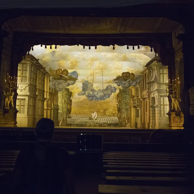 The stage of the Baroque Theatre at Český Krumlov Castle with its painted scenery